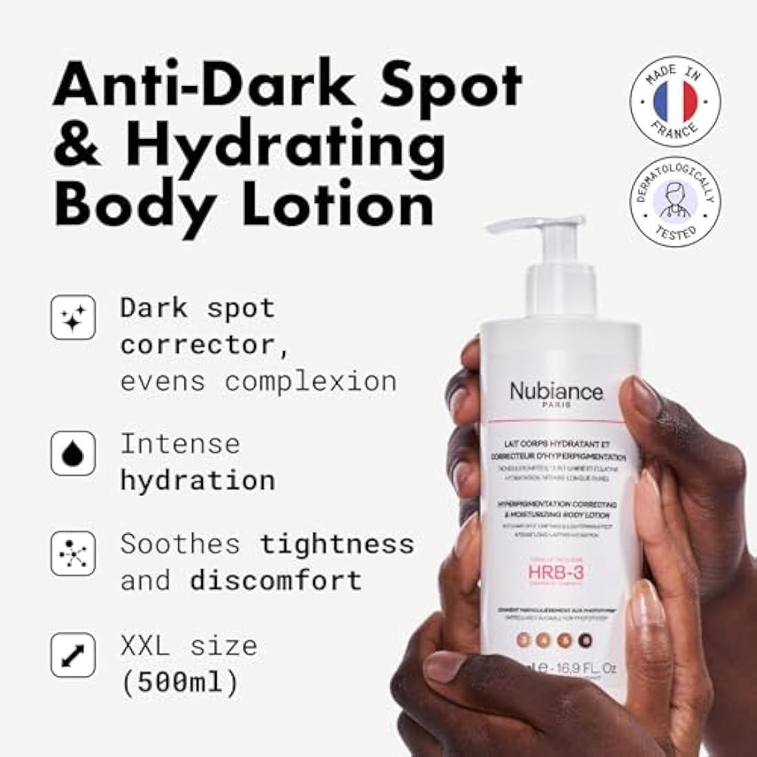 NUBIANCE - Lait Corps Unifiant & Hydratant HRB-3, 500ml - Soin protecteur et Anti-Tache d'hyperpigmentation - Peaux Sèches, Mixtes et Grasse - Peau Hydratée & Souple