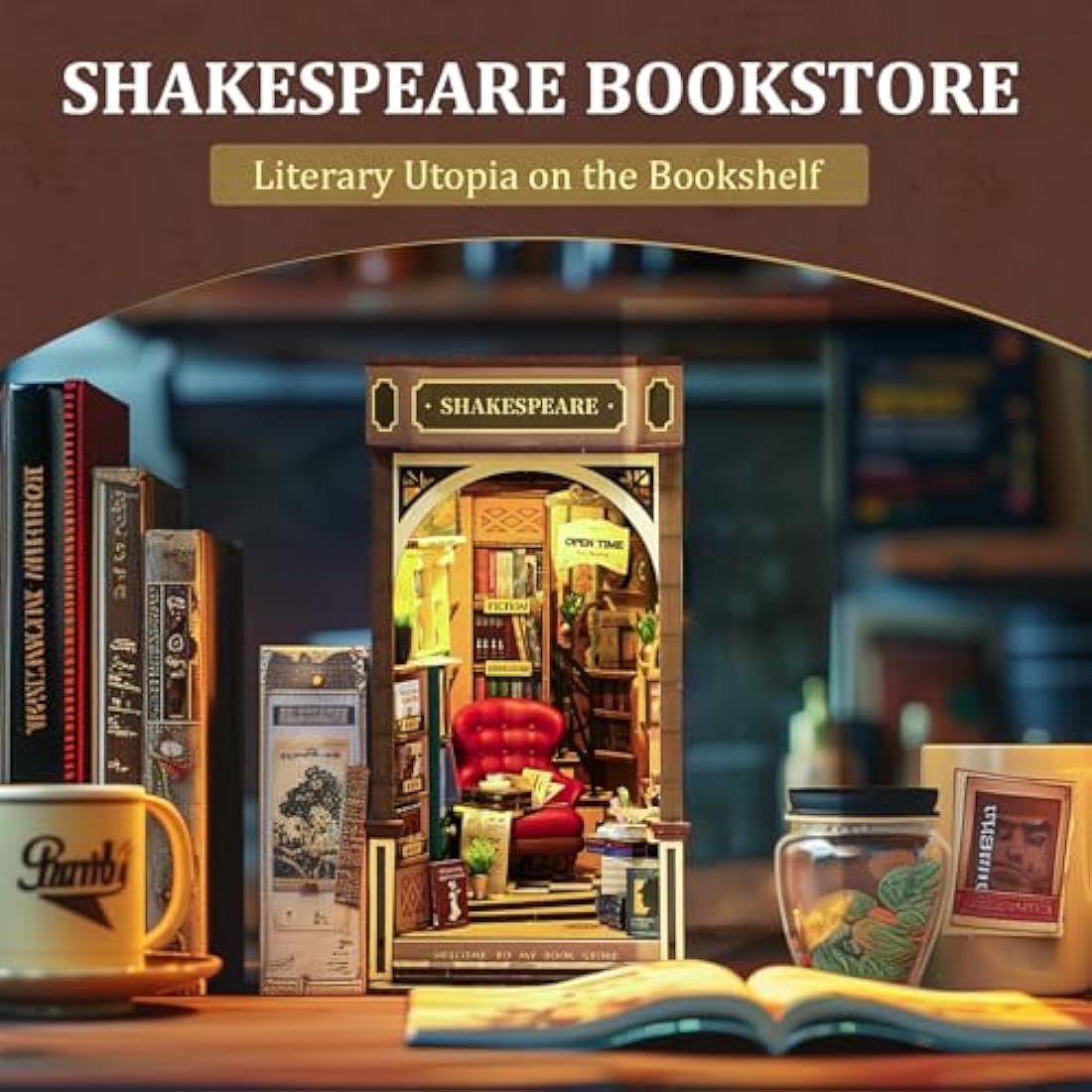 ROBOTIME Book Nook Kit for Adults with LED Lights, Bookstore Booknook 3D Wooden Puzzle, DIY Miniature Dolls House Kit, Book Shelf Decoration Christmas Birthday Gift for Adults Kids