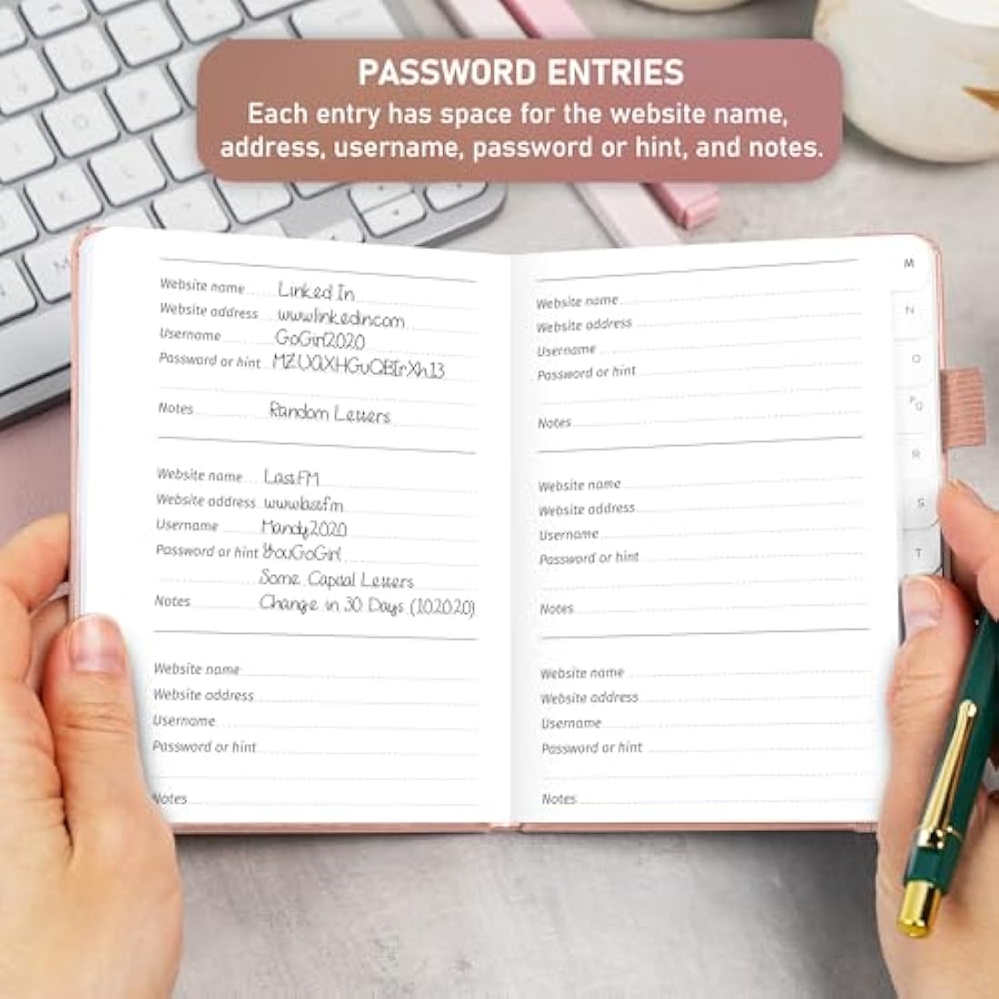 GoGirl Password Book with Alphabetical tabs – Internet Address & Password Keeper Logbook for Password Organization, Journal Notebook for Saving Website Logins. Small Size 11 x 14.5cm - Rose Gold