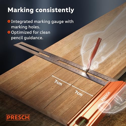 Presch Try Square 400 mm | Large | Includes rust-free marking gauge (40cm), level bubble & marking pin | 90° & 45° | Carpenters square, Precision Square, Joiners Square, Engineers Square