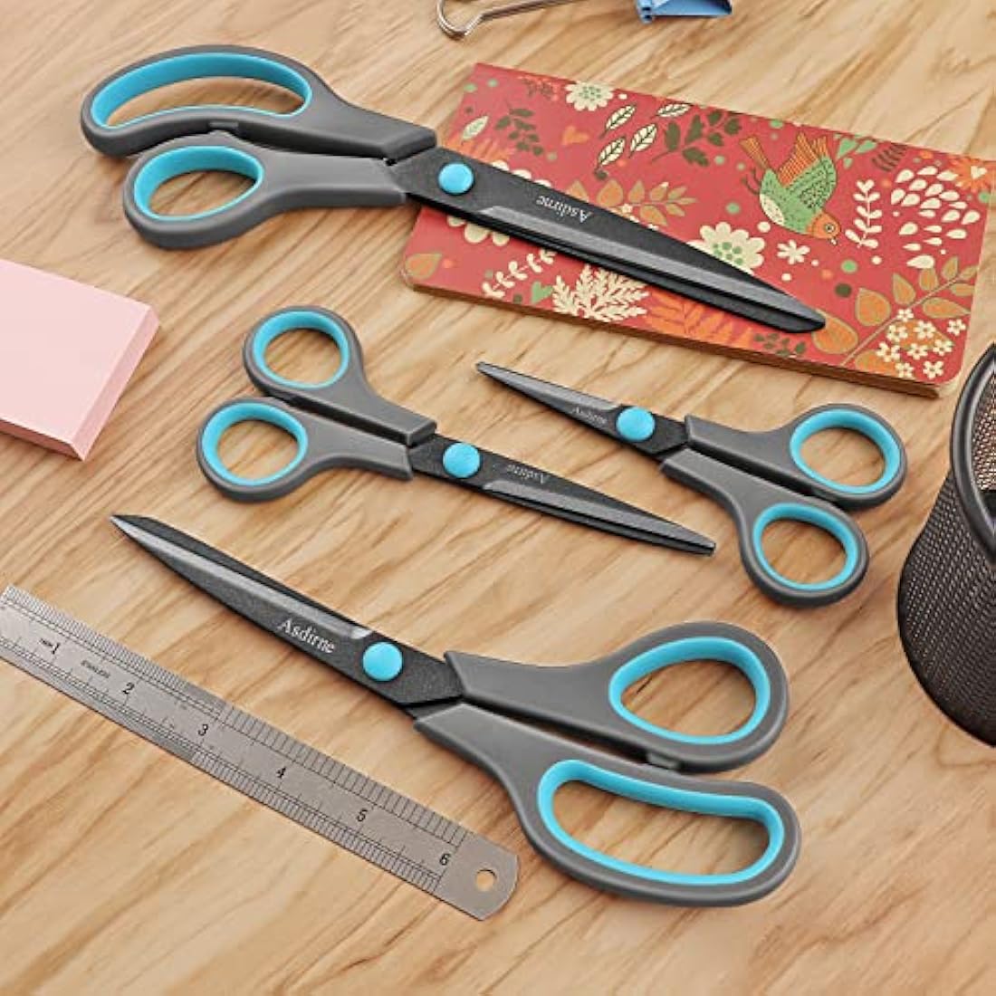 Asdirne Teflon Coating Scissors Set of 4, Non-Stick Scissors All Purpose, Premium Stainless Steel Razor Blades, Ergonomic Semi-Soft Rubber Grip, 10/''/8.5/''/6/''/5/'', Blue&Gray