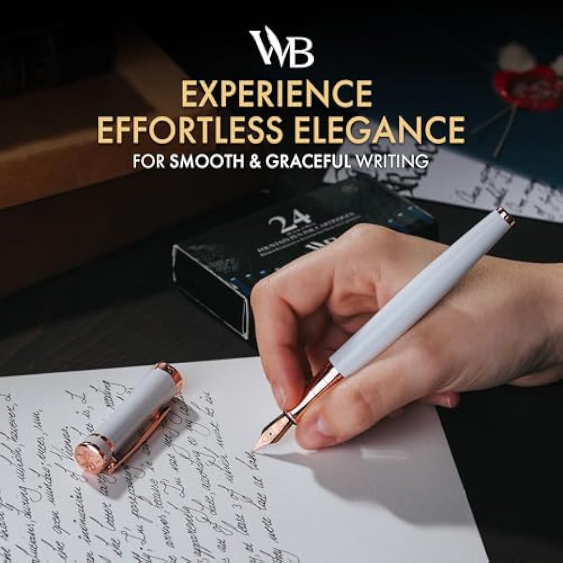 Wordsworth & Black Fountain Pen Set, 18K Gilded Medium Nib, Includes 24 Pack Ink Cartridges, Ink Refill Converter & Gift Box, Gold Finish, Calligraphy, [White Rose Gold], Perfect for Men & Women