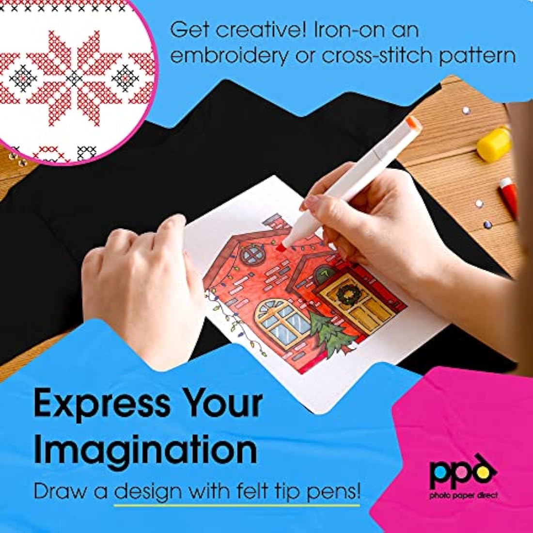 PPD Iron on Transfer Paper for Dark Fabric Compatible with Inkjet Printer, A4, 8.5 x 11 Printable T Shirt Heat Transfer Papers, Custom Print Photo, Durable, Flexible & Machine Washable (50 Sheets)