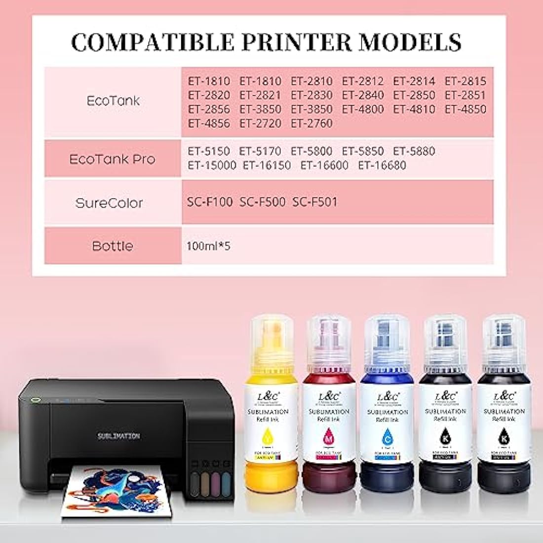 L&C 500ML Sublimation Ink for Epson Ecotank 2400 ET2830 2815 4810 ET2720 ET2760 ET2750 ET2850 EcoTank Printer (KKCMY)