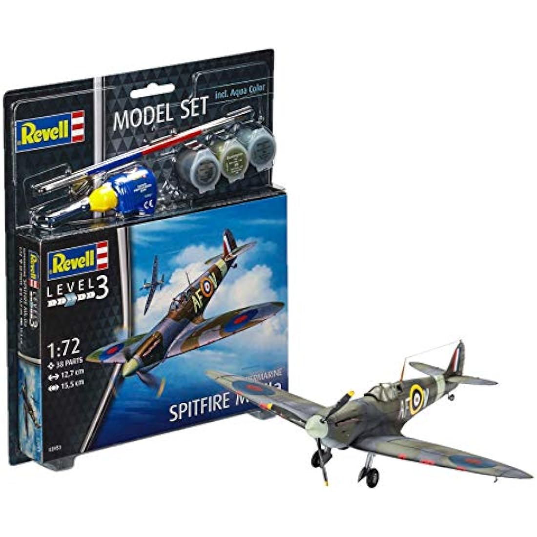 Revell Model Set 63953 Spitfire Mk.IIa 1:72 Scale Unbuilt/Unpainted Plastic Model Kit with Contacta Professional Glue, Paintbrush & Selected Aqua Color Paints