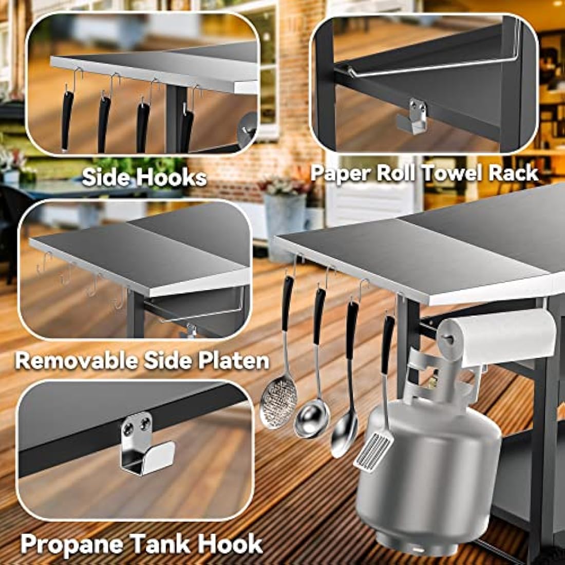 onlyfire BBQ Trolley Food Prep Table Stainless Steel, Flattop Worktable with Side table, Two-Layer Steel Storage Shelves and Utensil Holder