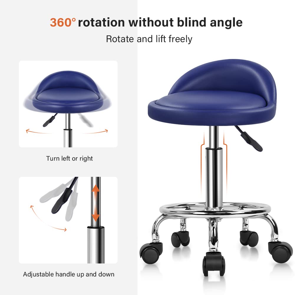 KKTONER PU Leather Round Rolling Stool with Foot Rest Height Adjustable Swivel Drafting Work SPA Task Chair with Wheels (Blue)