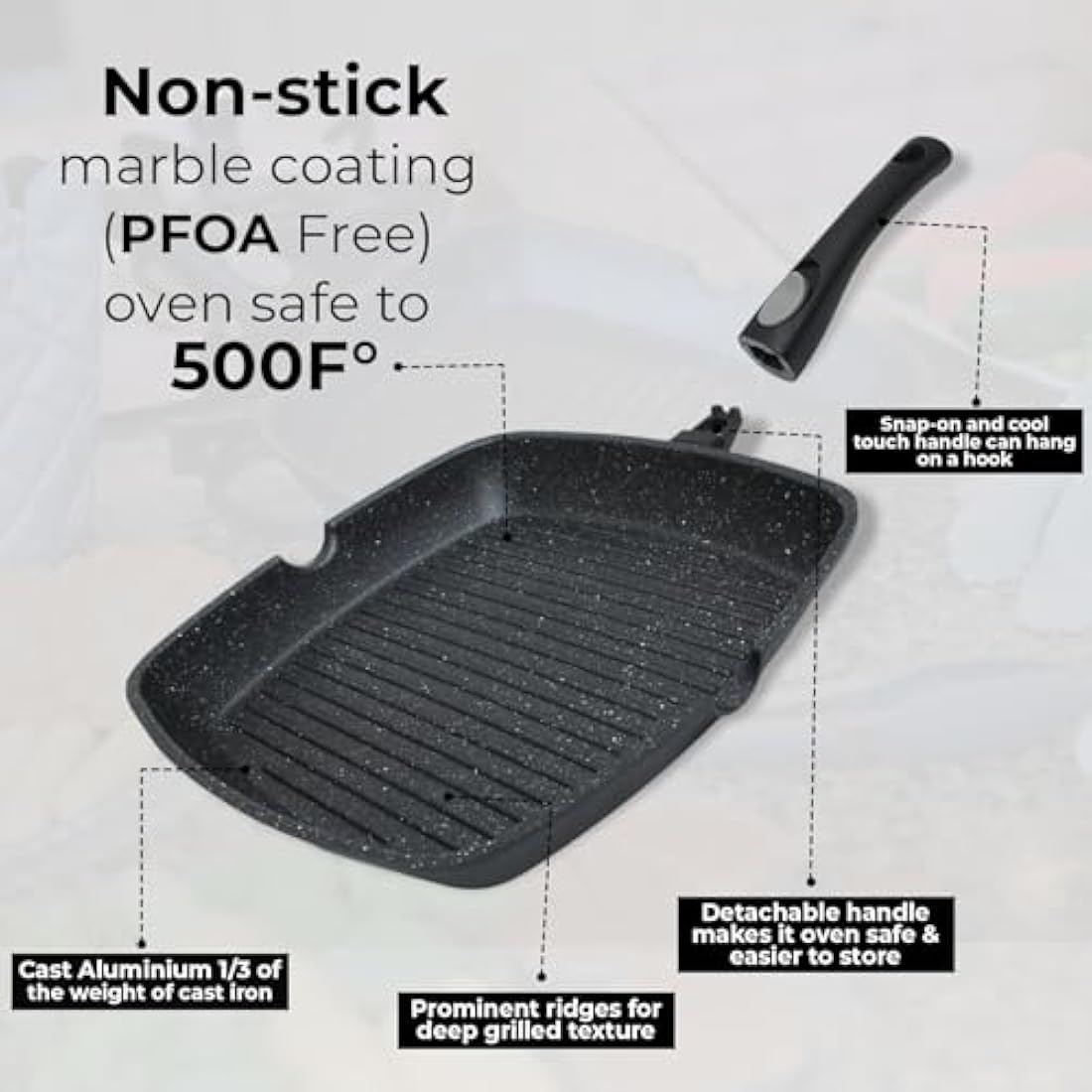Chef Wonderful Non-Stick (28cm) Griddle Pan for Induction Hob, Marble Coating & Detachable Handle. Aluminium Steak Pan for All Induction Hobs with Glove & Cloth. Suitable for Gas & Oven Grilling