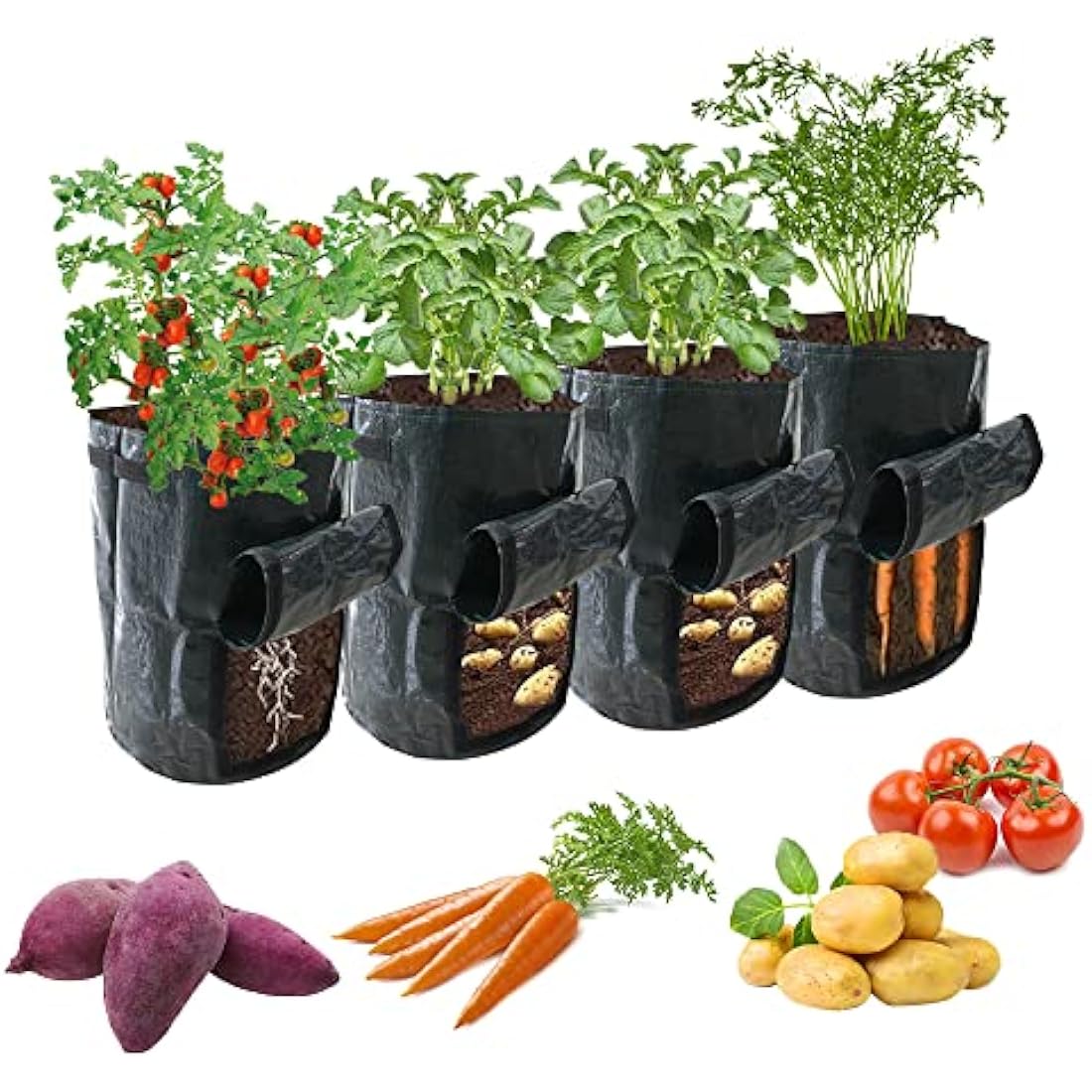 Ram® 4 Pack 7 Gallon Potato Grow Bag set. Garden Plant Bags for potatoes, carrots, tomatoes, cucumbers and other Vegetables. Made in Green Polyethylene Complete
