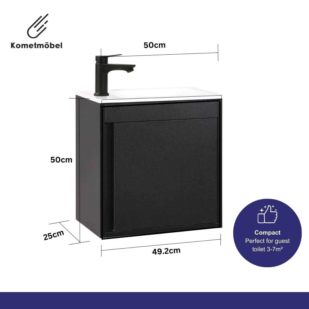 Kometmöbel Cloakroom Vanity Unit With Wash Basin Bathroom Vanity 50cm Wall Hung (Black Without Tap, 500mm)