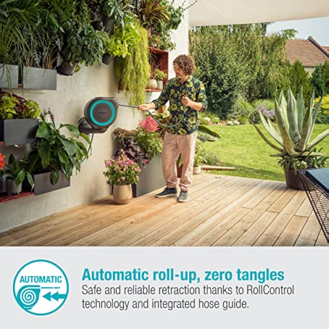 Gardena Wall-Mounted Hose Box Rollup M 20 m: Flexible Watering for Medium-Sized Gardens, Swivel Hose Reel, with Wall Bracket, System Parts and Nozzle, Including 20 m Gardena Hose (18610-20)