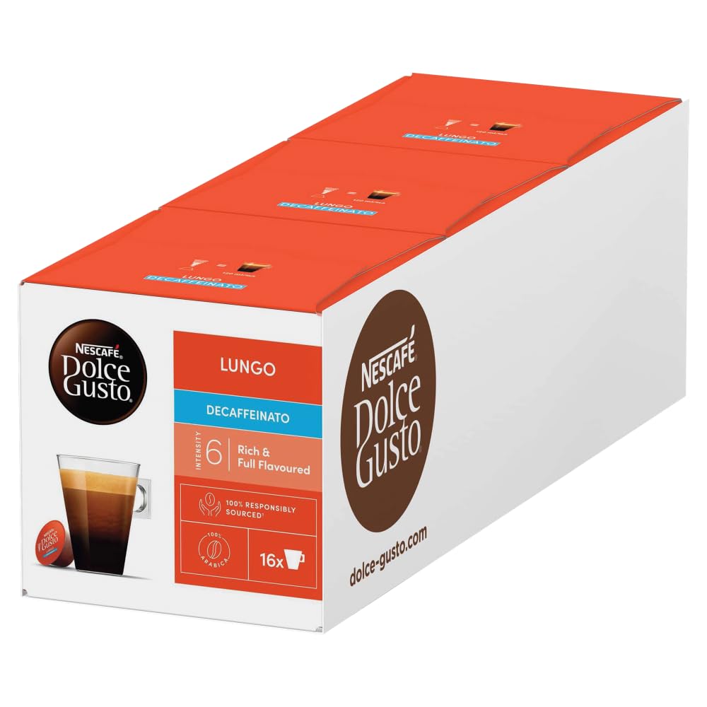 NESCAF? Dolce Gusto Lungo Decaf Coffee Pods - total of 48 Decaffinated Coffee Capsules - (3 Packs) 16 Pods