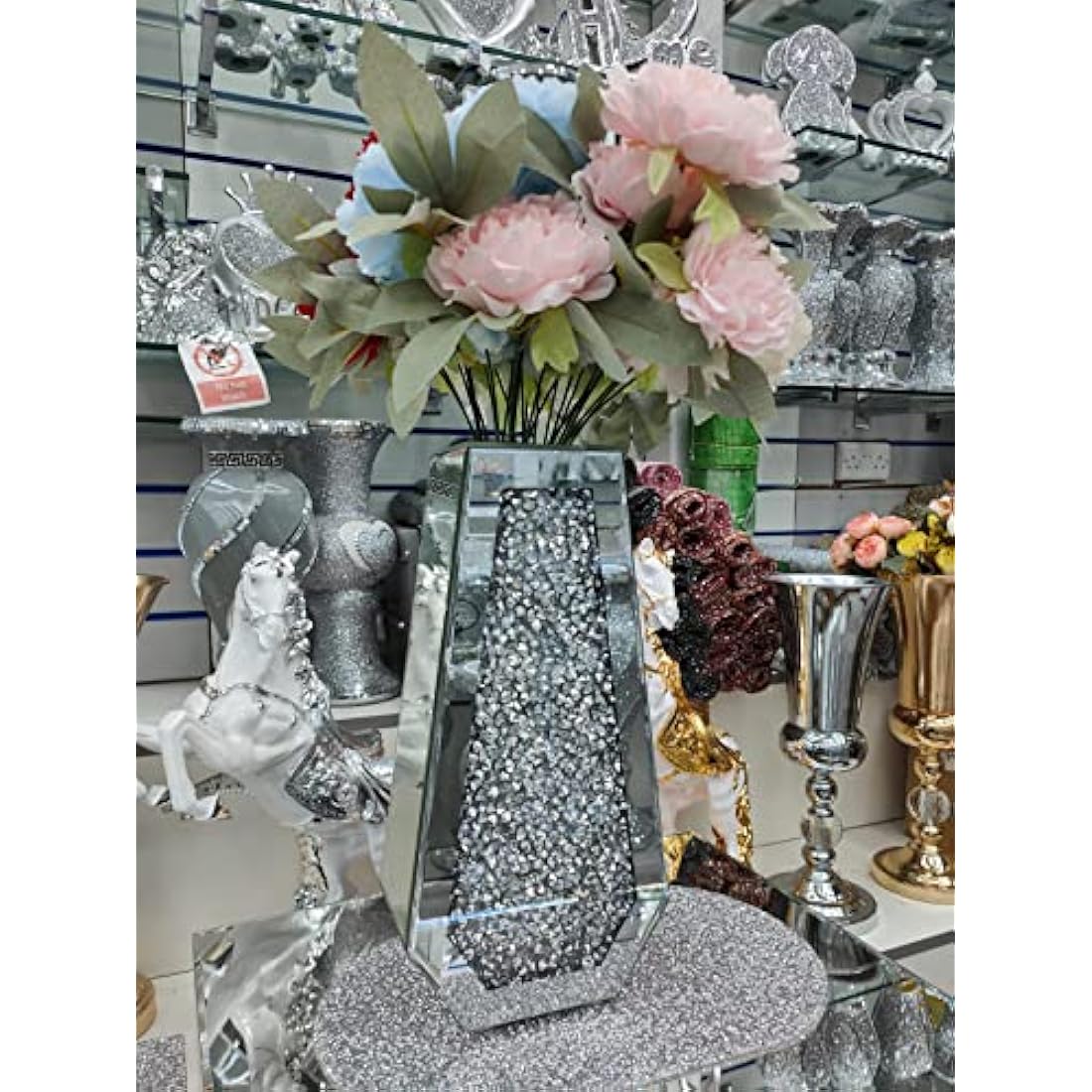 Biznest Large 40Cm Sparkle Diamond Crushed Crystal Sparkly Silver Mirrored Floor Vase Cuffin Shape
