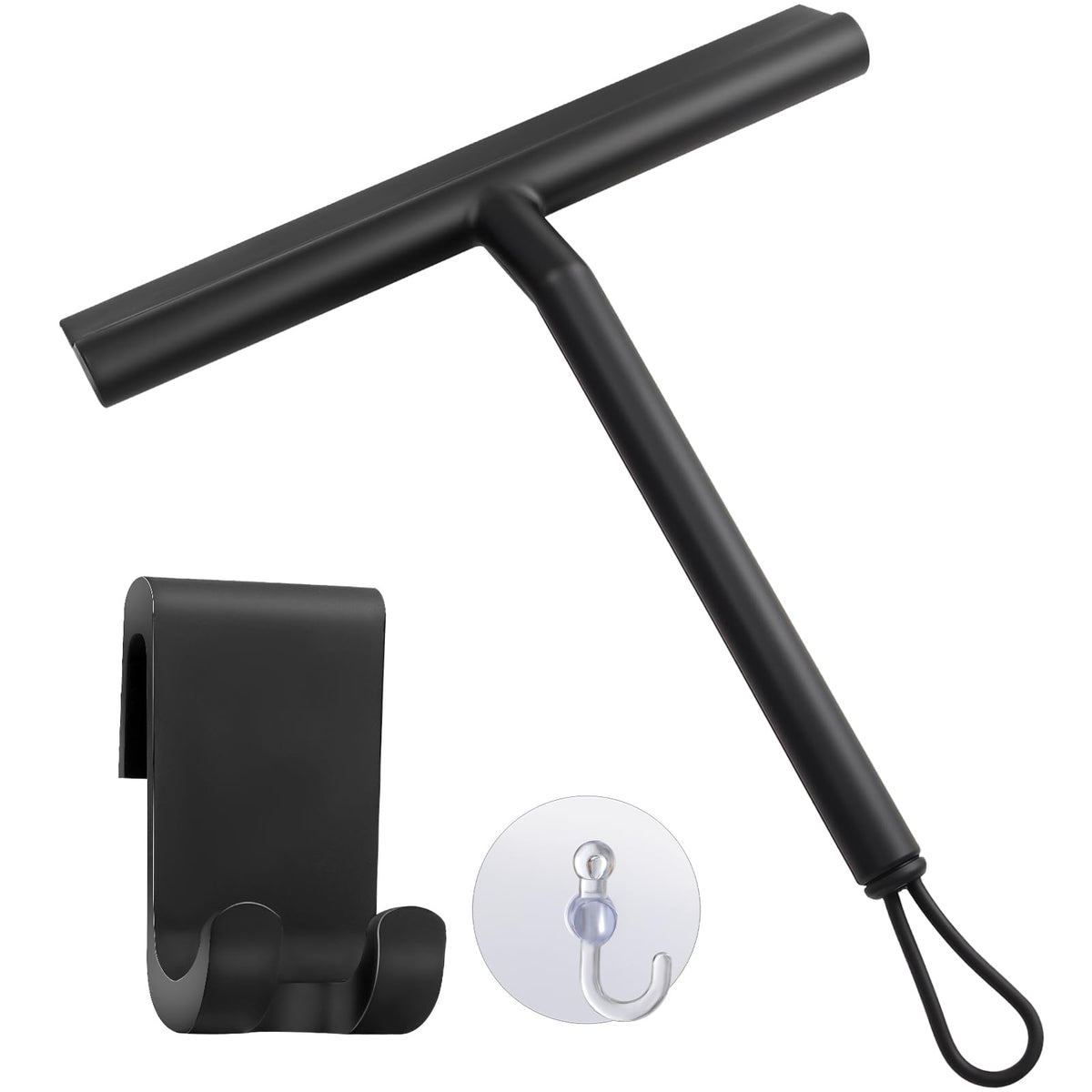 Thboxes Shower Squeegee, 8In Window Glass Silicone Scraper with Hook, Black