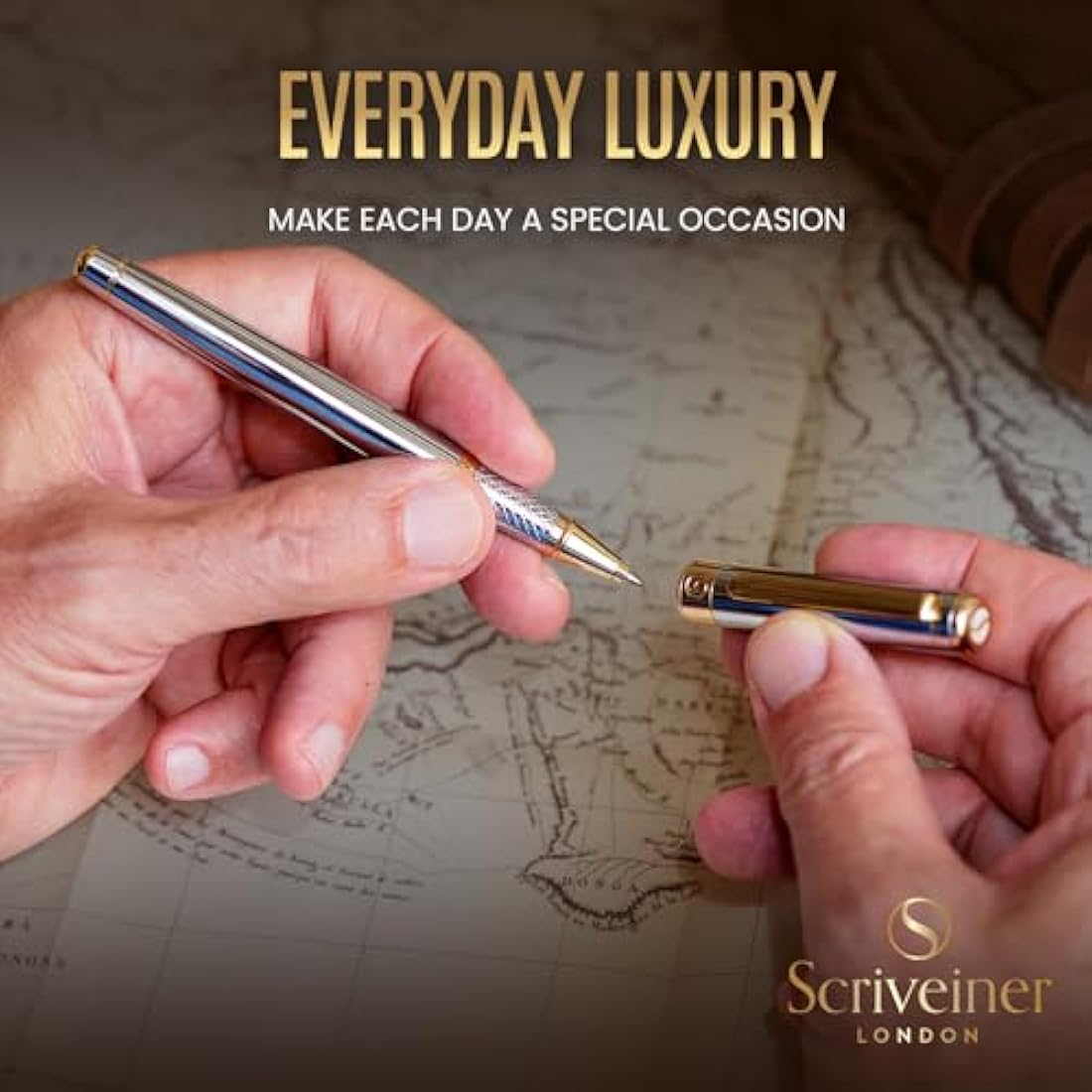 Scriveiner Silver Chrome Rollerball Pen - Stunning Luxury Pen, Real Gold Plating, Schmidt Ink Refill, Best Roller Ball Pen Gift Set for Men & Women, Professional, Executive Office, Nice, Fancy Pens