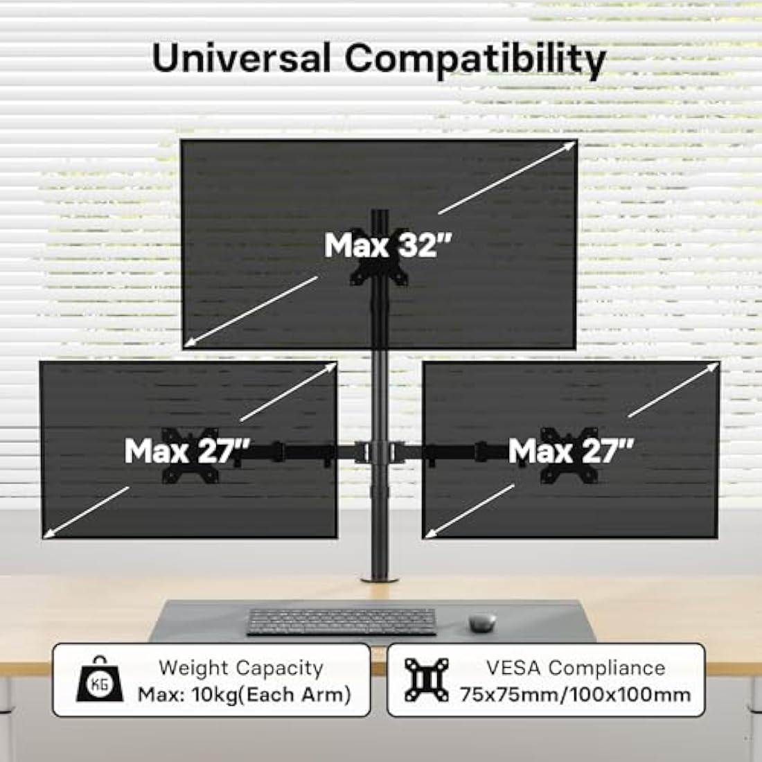 Bontec Monitor Halterung 3 Monitore, Höhenverstellbar, 360° Drehbar, Für 27-32 Zoll Monitore, Max. 30kg Pro Arm, Zwei Installationsoptionen, Für Büro und Gaming, VESA 75x75/100x100mm