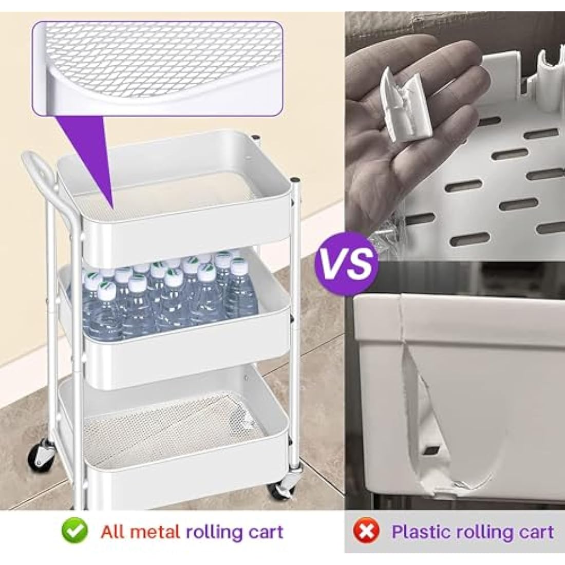 MISSLO Utility Cart 3 Tier Rolling Cart with Wheels and Handle, Under Desk 27" Height Small Metal Storage Trolley Organizer Rack Shelf, Mobile Book Art Cart for Office, Kitchen, Bathroom (White)