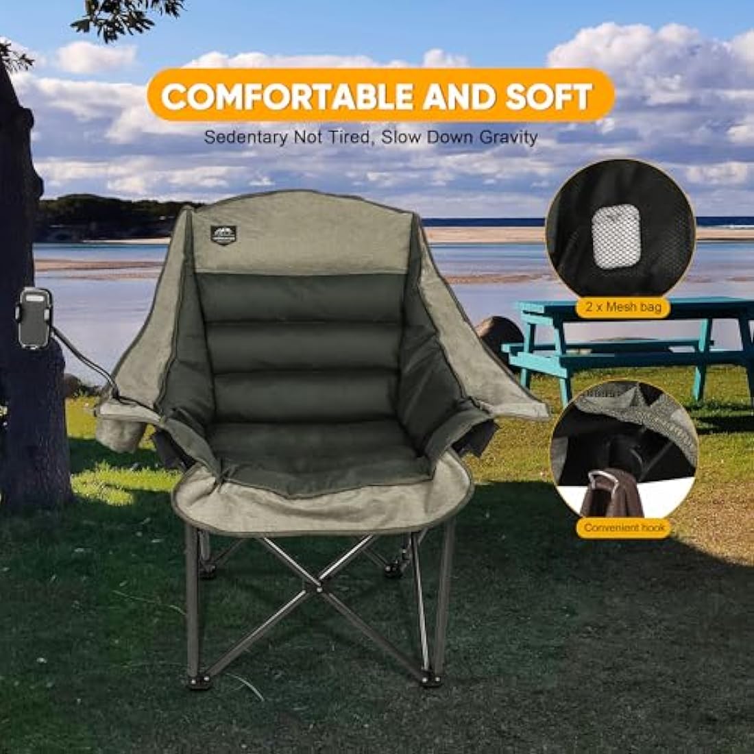LANMOUNTAIN Oversized XL Folding Camping Chair, Heavy-Duty Support 400Lbs, Comfortable Adult Chair with Cup Holder, Phone Holder, Carry Bag, Perfect for Outdoor Activities (Brown)