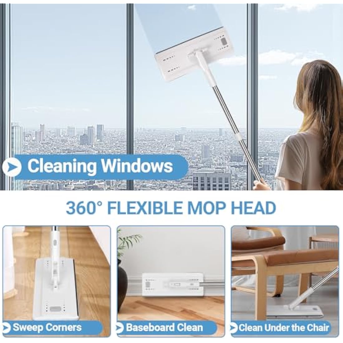 MASTERTOP Mop and Bucket - Hands-Free Floor Cleaner Mops with 5 Reusable Microfibre Mop Pads, 360° Rotating Flat Mops & Wet/Dry Cleaning System for Hardwood, Tile, Marble Floors - White