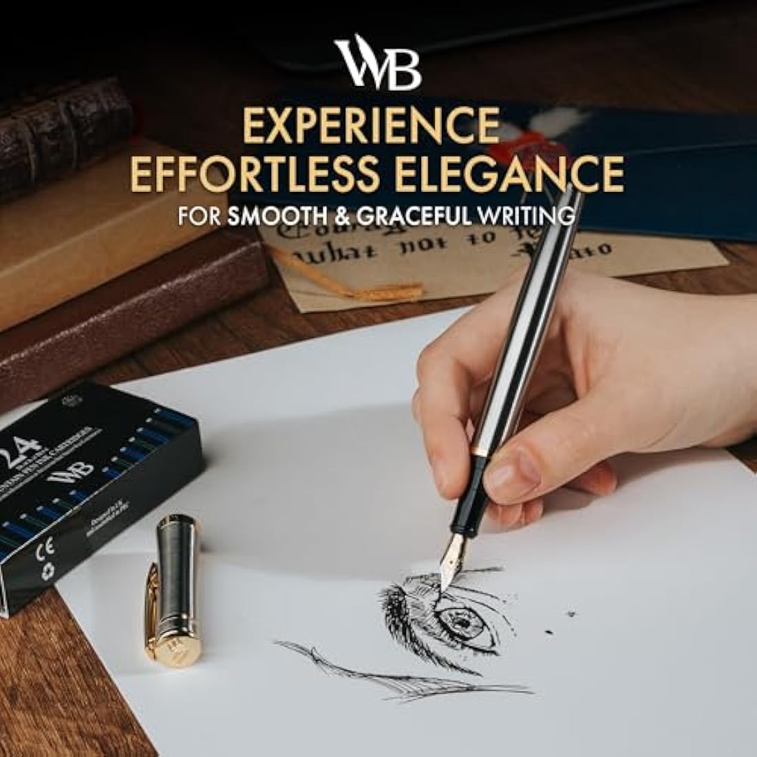 Wordsworth & Black Fountain Pen Set, 18K Gilded Extra Fine Nib, Includes 06 Pack Ink Cartridges, Ink Refill Converter & Gift Box,[Silver Gold], Perfect for Men and Women