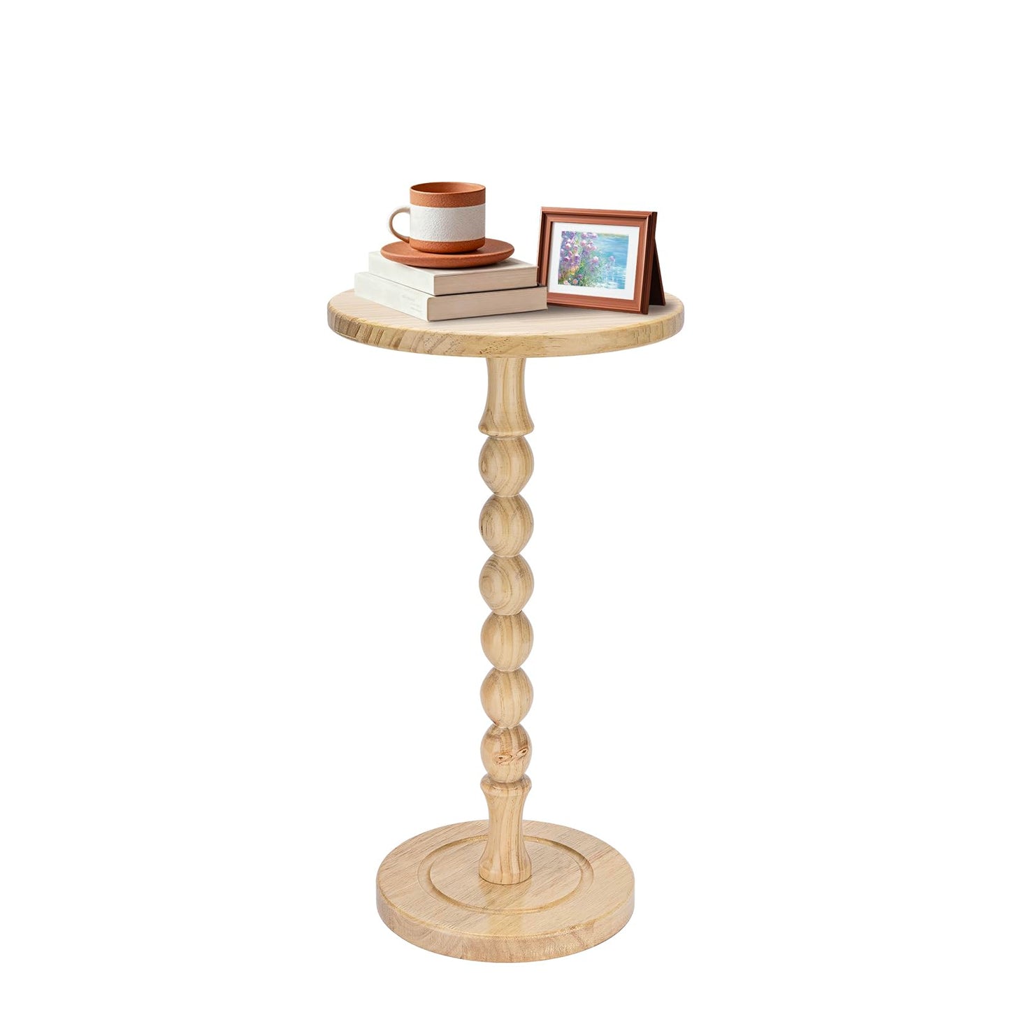 Lampaggio Round Side Table for Small Spaces, Drink Table with Oak Wood Pedestal, Modern End Table Nightstand for Living Room, Bedroom, Office