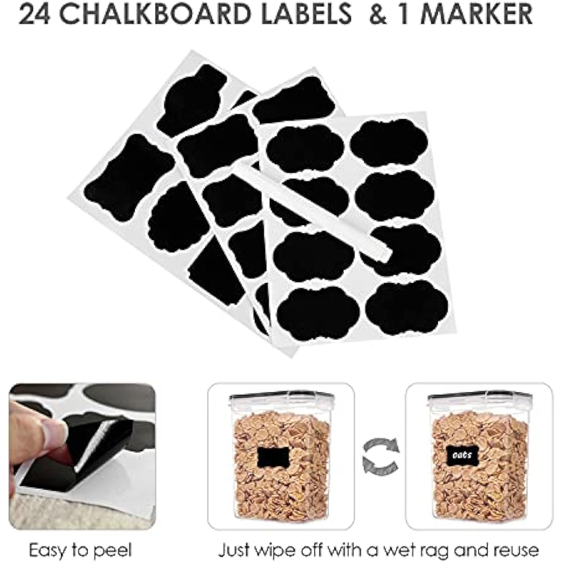 Vtopmart Set of 24 Airtight Food Storage Containers & Kitchen Storage Containers, BPA-Free Plastic Containers for Flour, Sugar and Baking Supplies, with 24 Labels (Black)