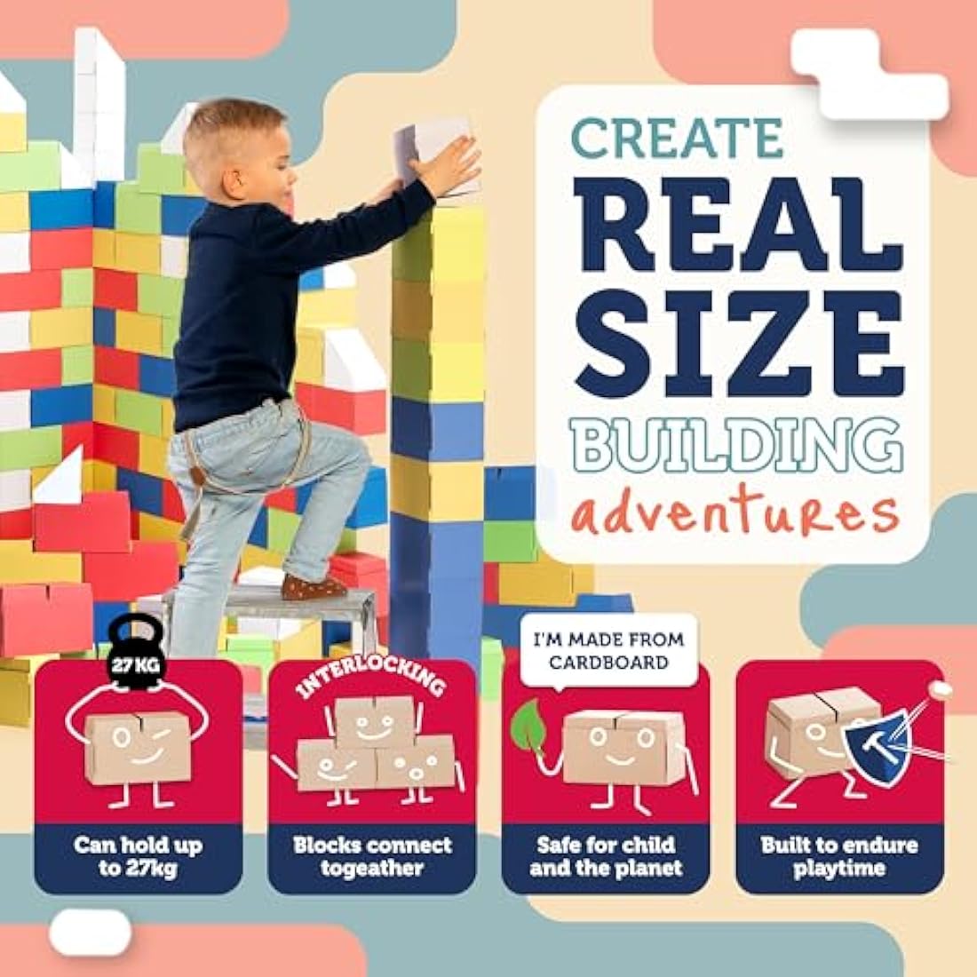 GIGI BLOKS 200 XXL Large Building Blocks for Kids Stackable & Interlocking | Children's Cardboard Building Bricks, Sturdy and Easy to Assemble | Creative Real-Size Kids Construction Toys (Coloured)