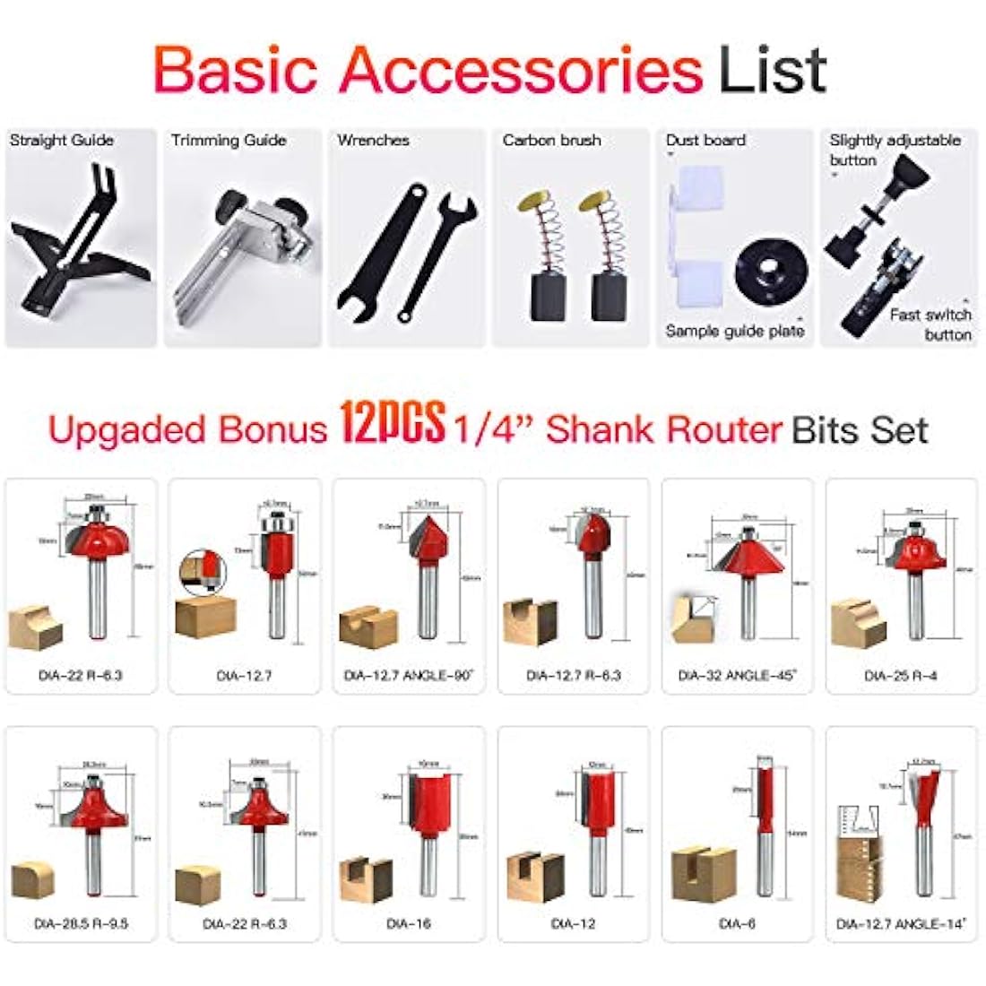 CtopoGo Compact Wood Palm Router Tool Hand Edge Trimmer Woodworking Joiner Cutting Palmming Tool 30000R/MIN 800W 220V with 12PCS 1/4" Router Bits