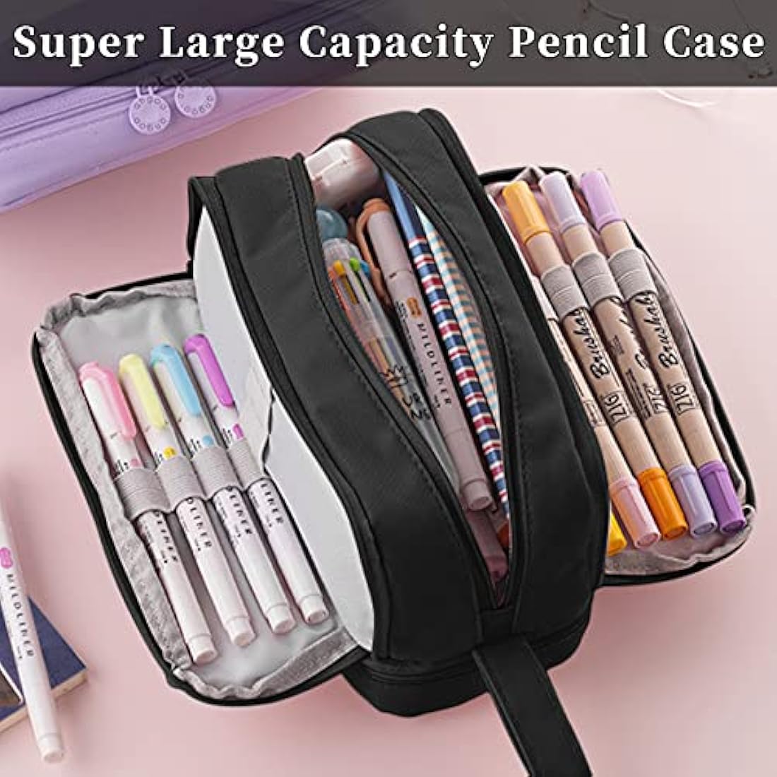 Tesmien Pencil Case, Large Pencil Case with 4 Compartments Stationery Organizer for Boys and Girls, Aesthetic Pencil Bag Suitable for Kids Teenagers Students Women Men, Black