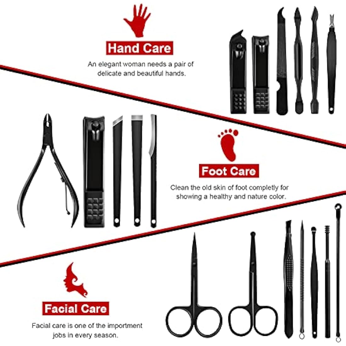 Keiby Citom Manicure Set 18pcs Professional Nail Clippers Kit Pedicure Care Tools-Stainless Steel Grooming Tools With Rose Gold PU Leather Case for Travel & Home (Black/Red)