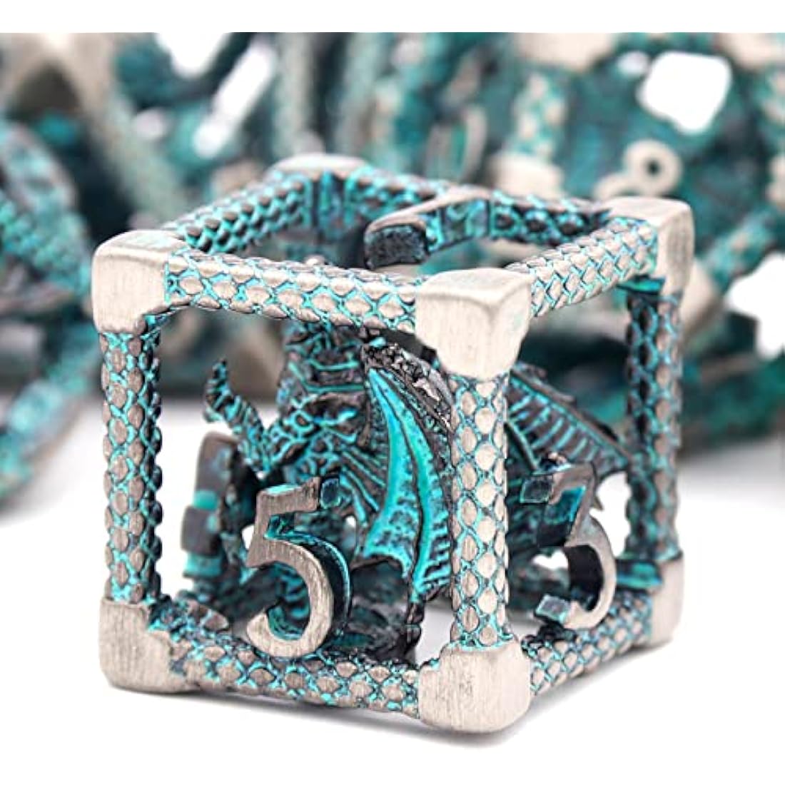 D&D Hollow Metal Polyhedral Dice Set for RPG and Tabletop Games - 3D Silver Blue
