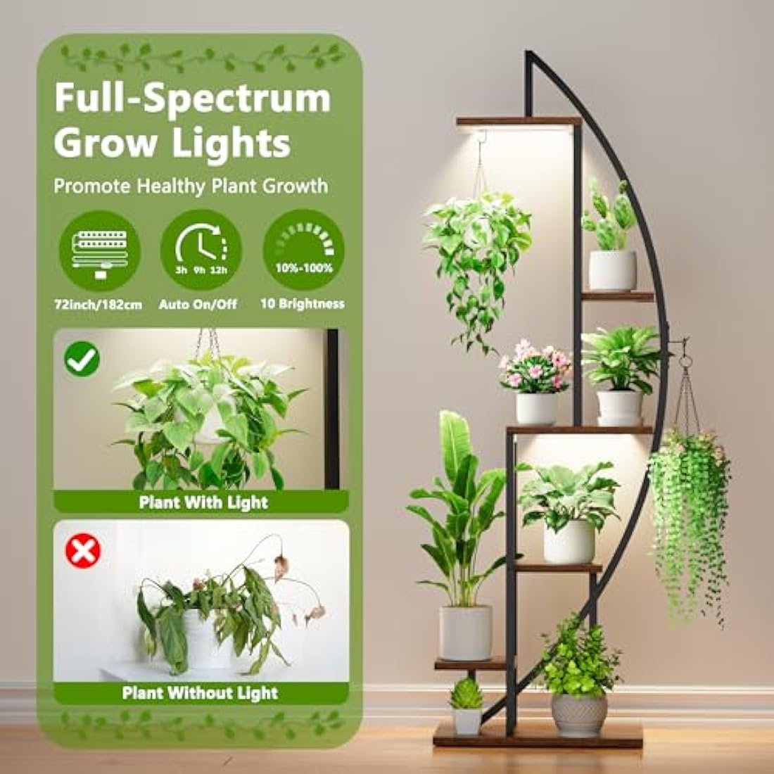 BACEKOLL Plant Stand Indoor with Grow Lights, 6 Tiered Tall Plant Shelf, Metal Plant Stand for Indoor Plants Multiple, Half-Moon Plant Rack Display Shelf, 2 Pcs Plant Holder for Living Room, Patio