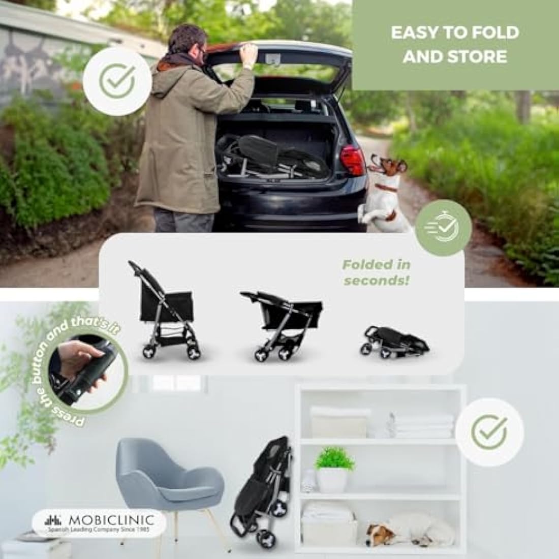 Mobiclinic® Pets Foldable Dog Pram, Up to 15 kg, Ideal for Small Dogs, Pet Stroller, Zuma, Wheels with 360° Brakes, XXL Basket, 3 Windows with Zip and Mosquito Net, Cup Holder (Black)