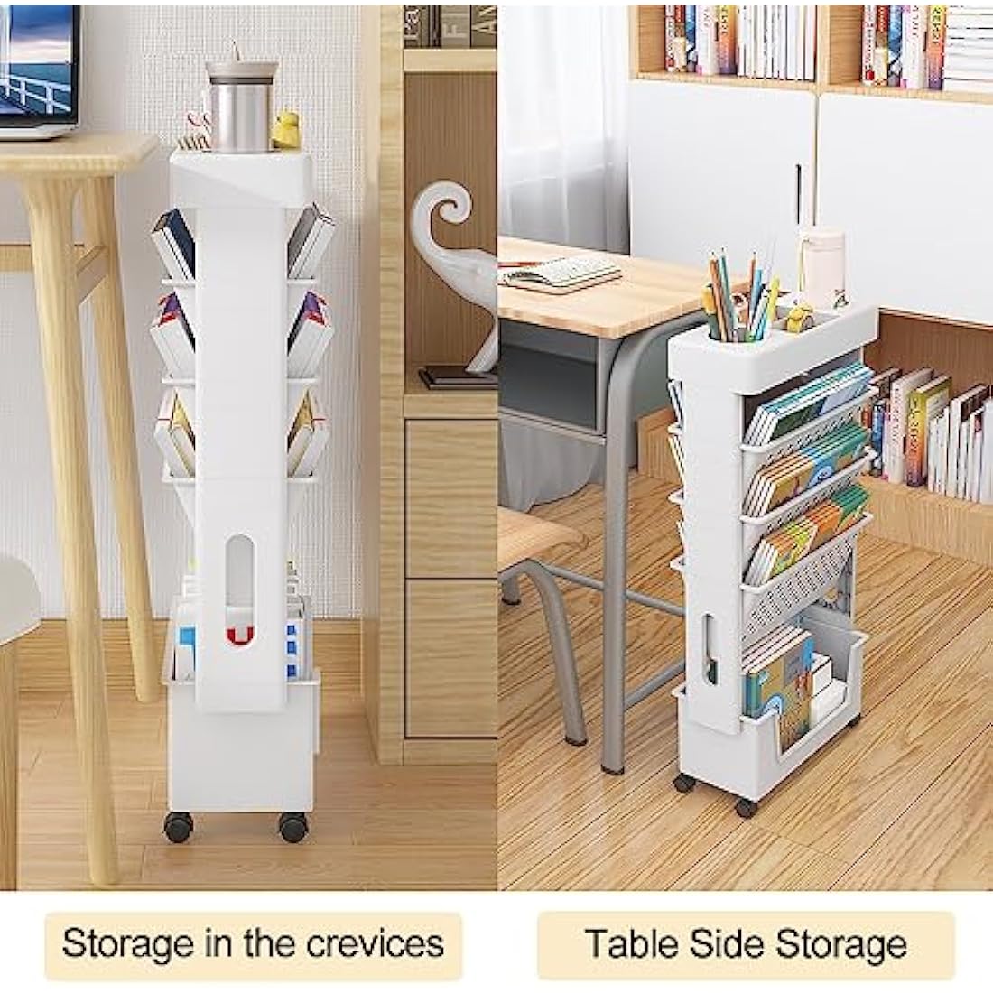 NUODWELL Mobile Bookshelf with Wheel, Large Capacity Magazine Rack Book Cart Removable Storage Organizer Kids Bookshelf, Multi Purpose Rolling Cart for Home School（White）