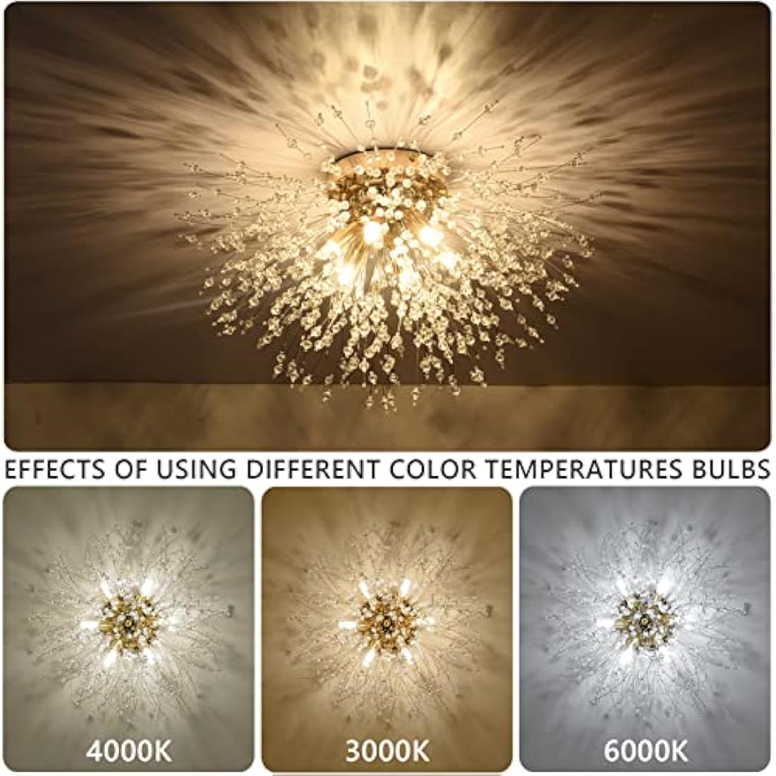 Rayofly Modern Crystal Chandeliers Ceiling Light, Fireworks Chandelider, Gold K9 Crystals Ceiling Lights, Flush Mount Lighting, 6 G9 LED, Golden Lamps for Living Room, Bedroom, Dining Room, Hallway
