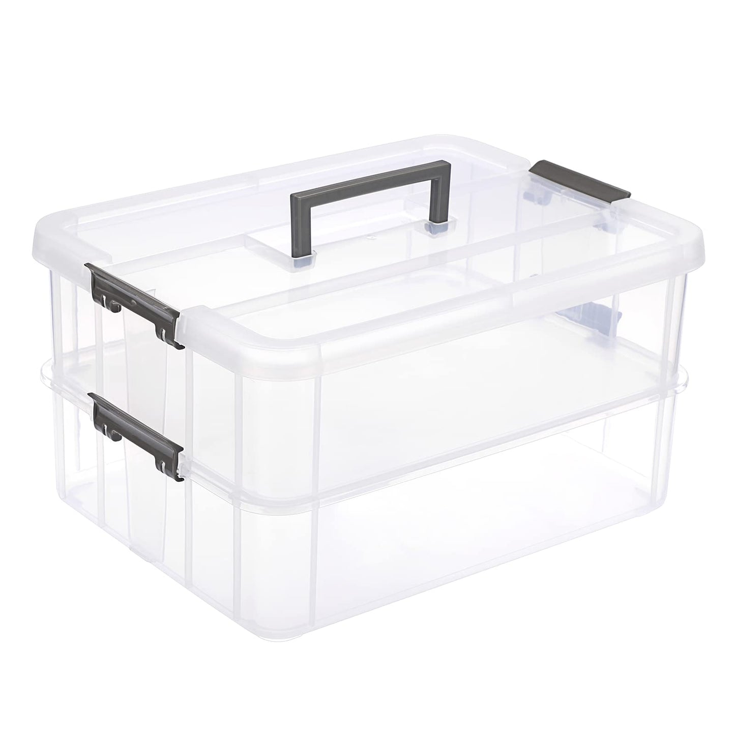 IGNPION 2-Tier Stackable Craft Storage Box Plastic Adjustable Storage Containers with Carry Handle Transparent Containers Organiser for Art & Craft