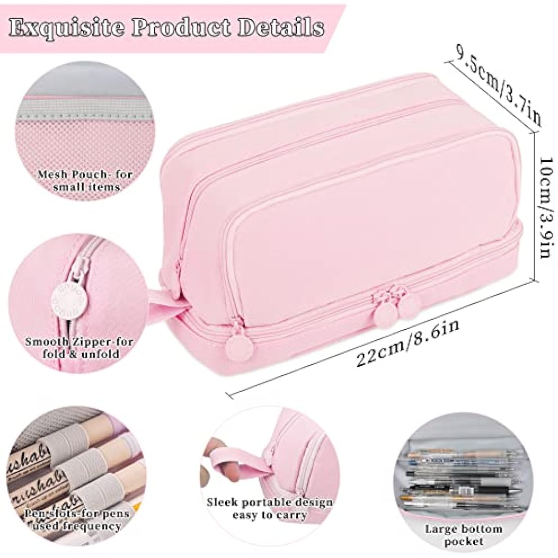 Tesmien Pencil Case, Large Pencil Case with 4 Compartments Stationery Organizer for Boys and Girls, Aesthetic Pencil Bag Suitable for Kids Teenagers Students Women Men, Pink