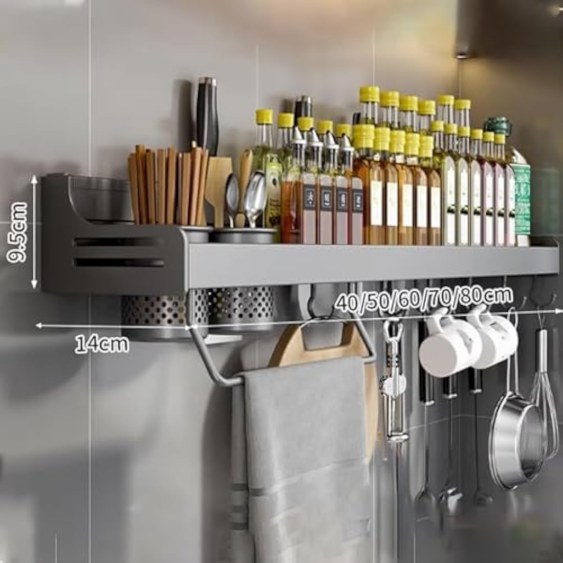 ZOKT Spice Rack - Wall Mounted Kitchen Storage, Grey, 60cm