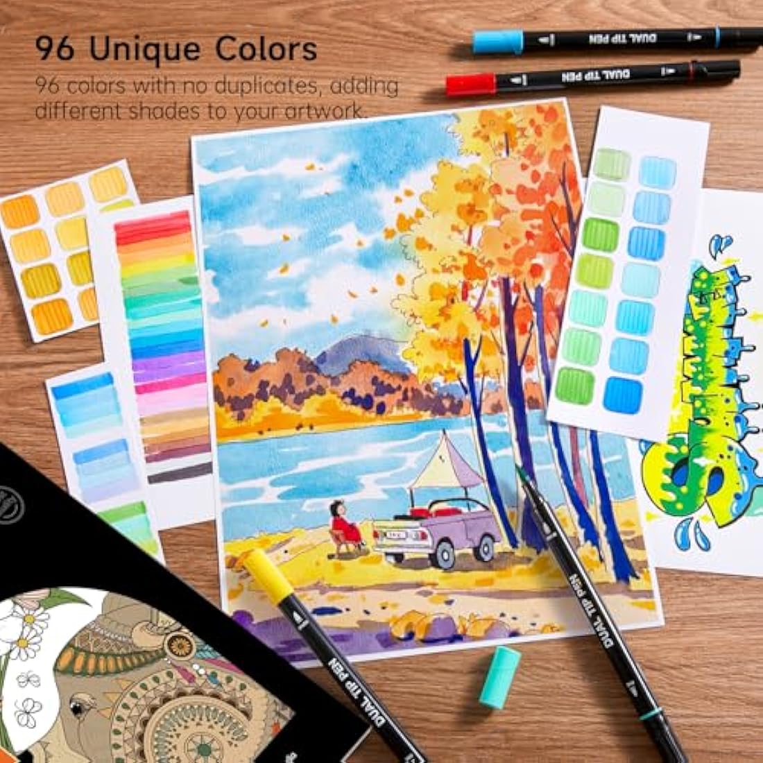 Shuttle Art Dual Tip Brush Pens, 96 Colours Fine and Brush Tip Markers Set with Pen Holder & 1 Colouring Book, Felt Tip Colouring Pens for Adults and Children Colouring Calligraphy Journal Doodling