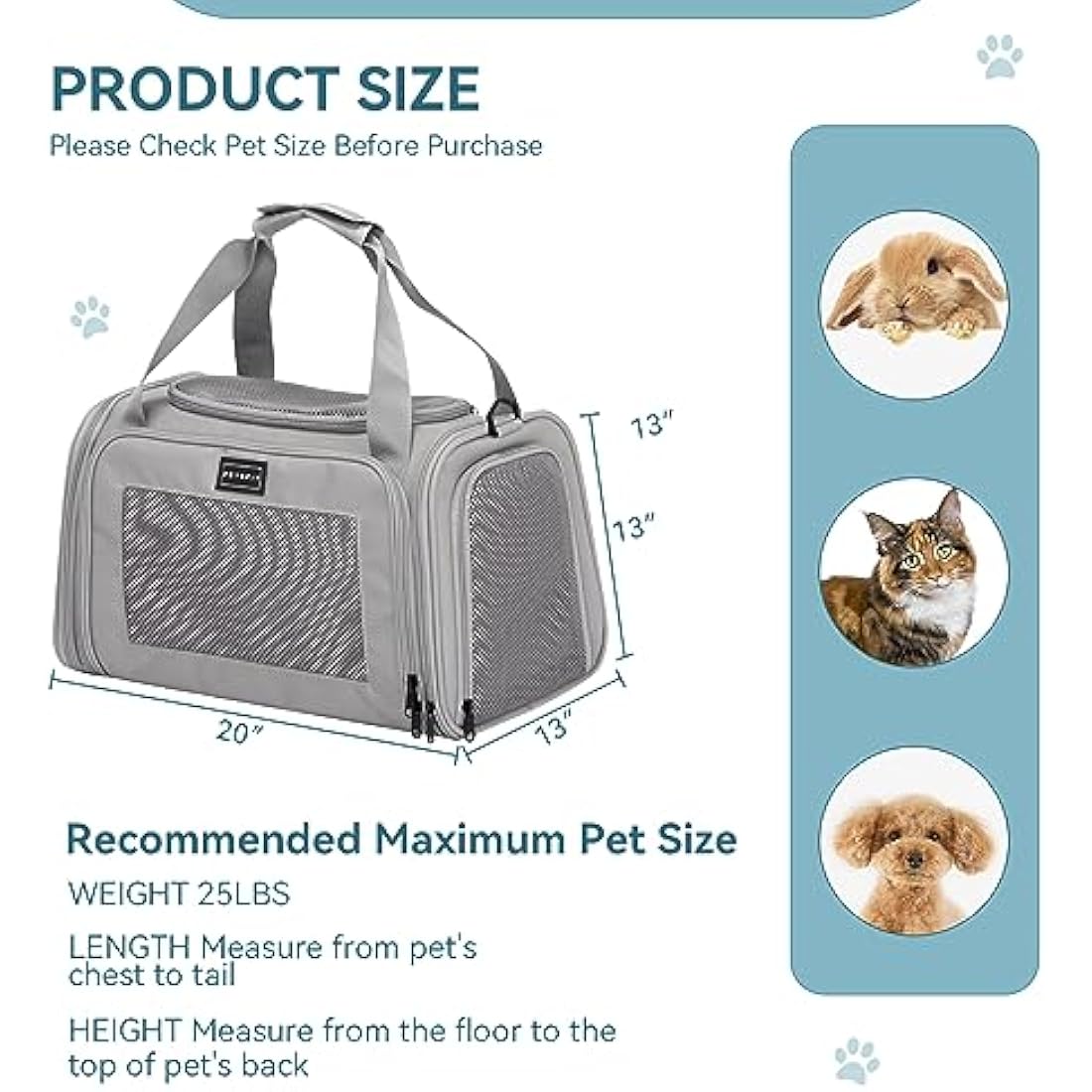 Petsfit Cat Carrier Large Up to 12KG,Pet Carrier with Extendable Fleece Mat,Dog Travel Bag Carrier with Safety Leash for Puppy for Car Use，50 * 33 * 33CM, Grey