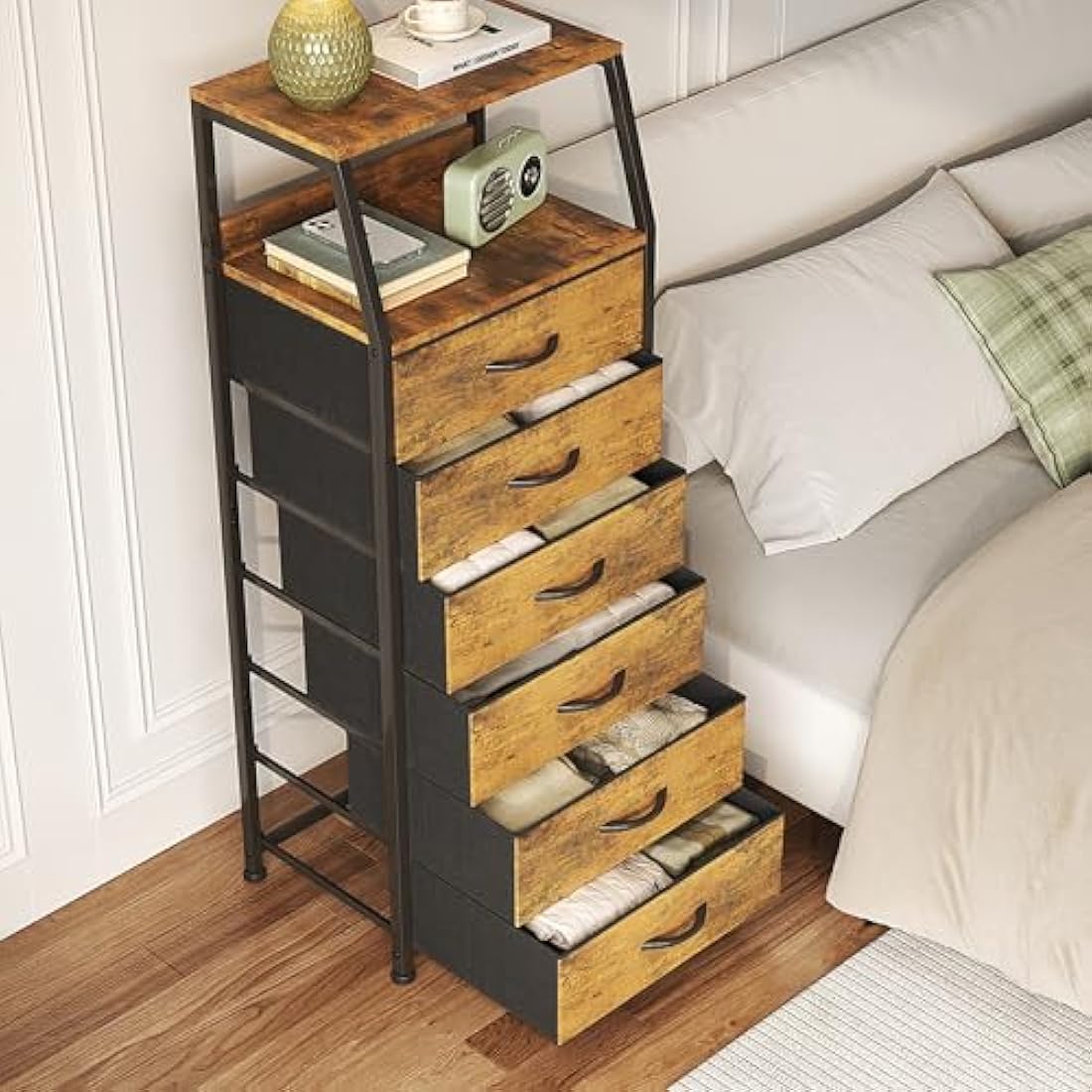 CAIYUN Chest of Drawers Bedroom with 6 Drawers, Tall Fabric Dresser with Shelf, Fabric Dresser for Entryway Hallway Living Room, Closet Storage Drawer, Rustic Brown