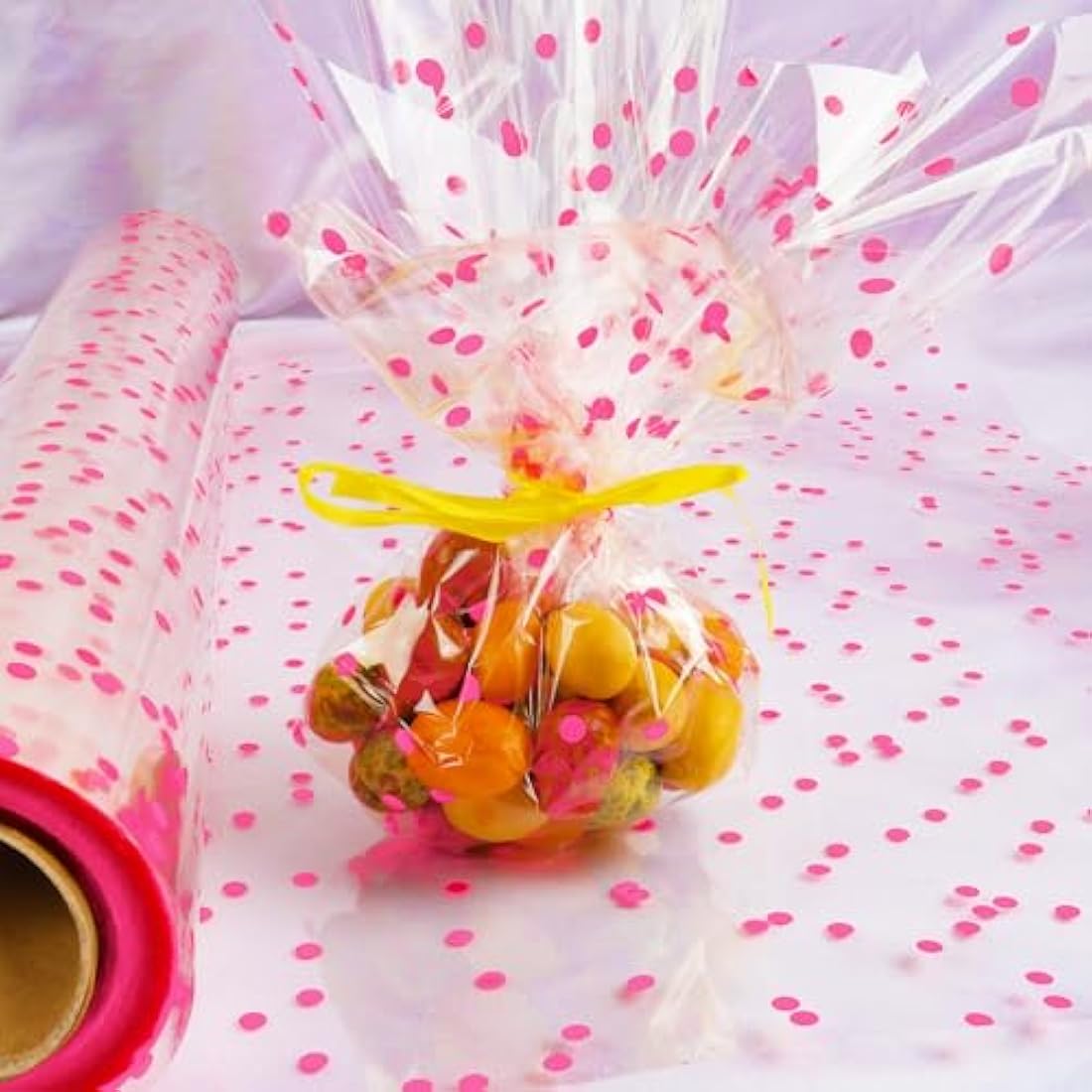 CMFYHM 34in x 100ft Clear Cellophane Wrap Roll (Pink Polka Dot),Transparent Cellophane Wrap Roll for Treats, Gifts, Baskets, Flowers, Birthday Party,Easter, Christmas Decorations