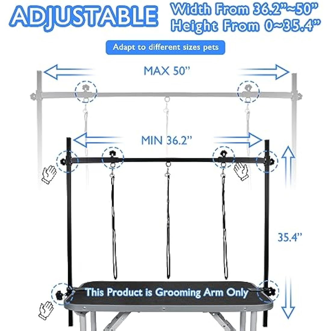 LEIBOU Dog Grooming Arm H-Shape Pet Dog Grooming Table Arm with 3 Noose and Clamp for Dogs and Cats Heavy Duty Aluminum Alloy Frame with 35.4” Adjustable Height and 36.2” ~ 50” Adjustable Width