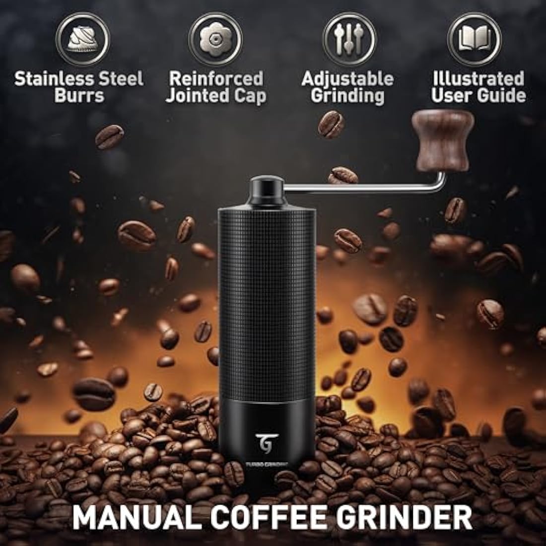 SUNYA Manual Coffee Grinder with Stainless Steel Conical Burr. Aluminum Shell Hand Coffee Bean Mill with Adjustable Settings. Coffee Recipes Booklet Included (MCG-02 Black)