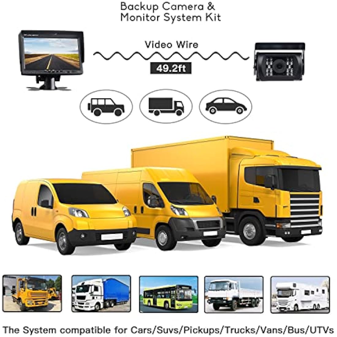BEYI 1080P Car Reversing Camera Kit - 7" LCD HD Screen IP68 Waterproof Wired Reverse Camera, 12V-24V parking Sensor kit Night Vision Backup Camera with 15M Cable for Vans RV Bus Truck Trailer Campers
