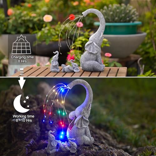 Yeomoo Elephant Statues Garden Ornaments Outdoor - Elephants Mum with Baby Elephant Figurine Solar Lights Elephant Lamp Gifts for Women Men Mum