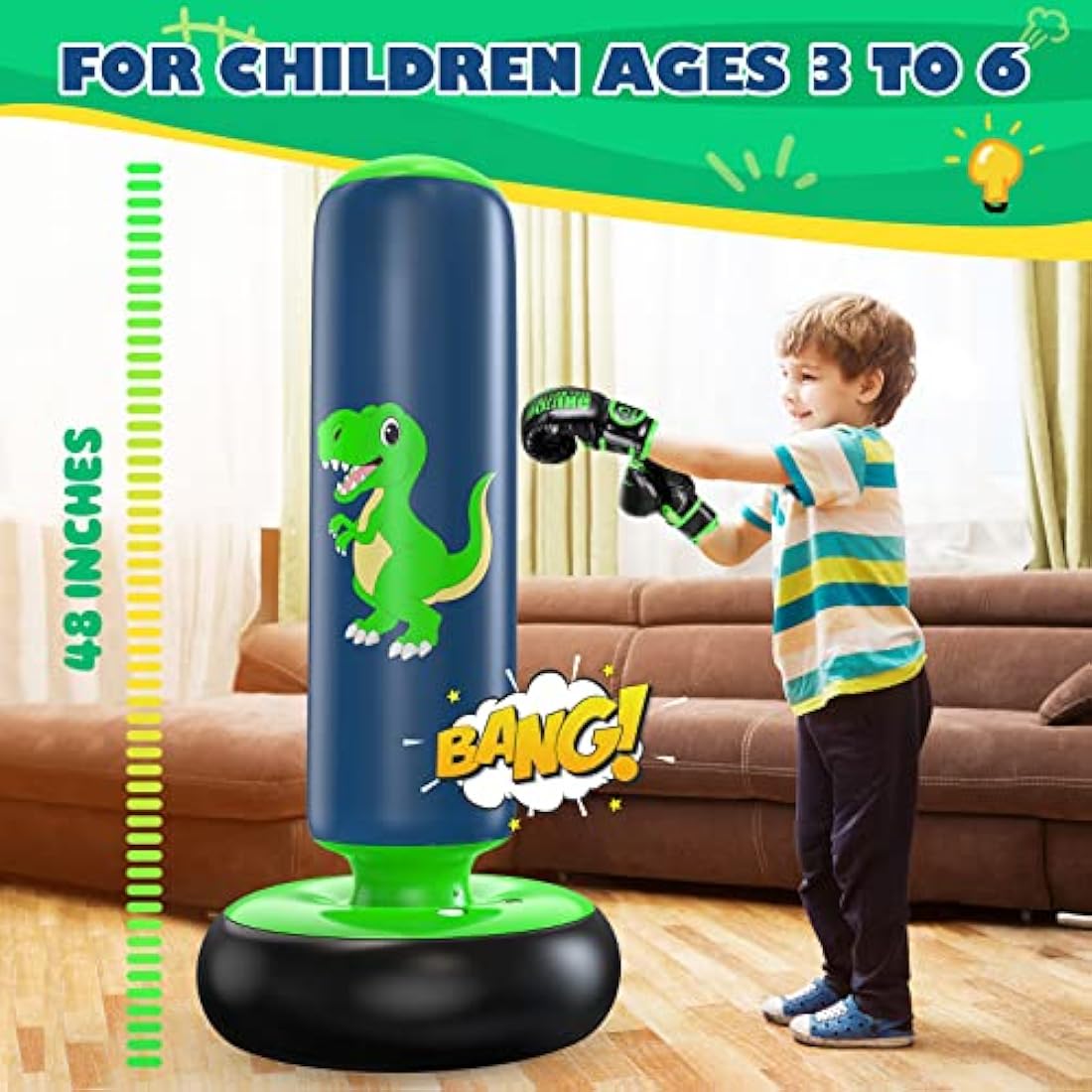 QPAU Inflatable Kids Punching Bag, 48 Inch Stable Boxing Bag with Boxing Gloves, Punch Bag Dinosaur Toy & Gifts for Boys Girls Age 3-8, Set for Practicing Karate, Taekwondo, MMA