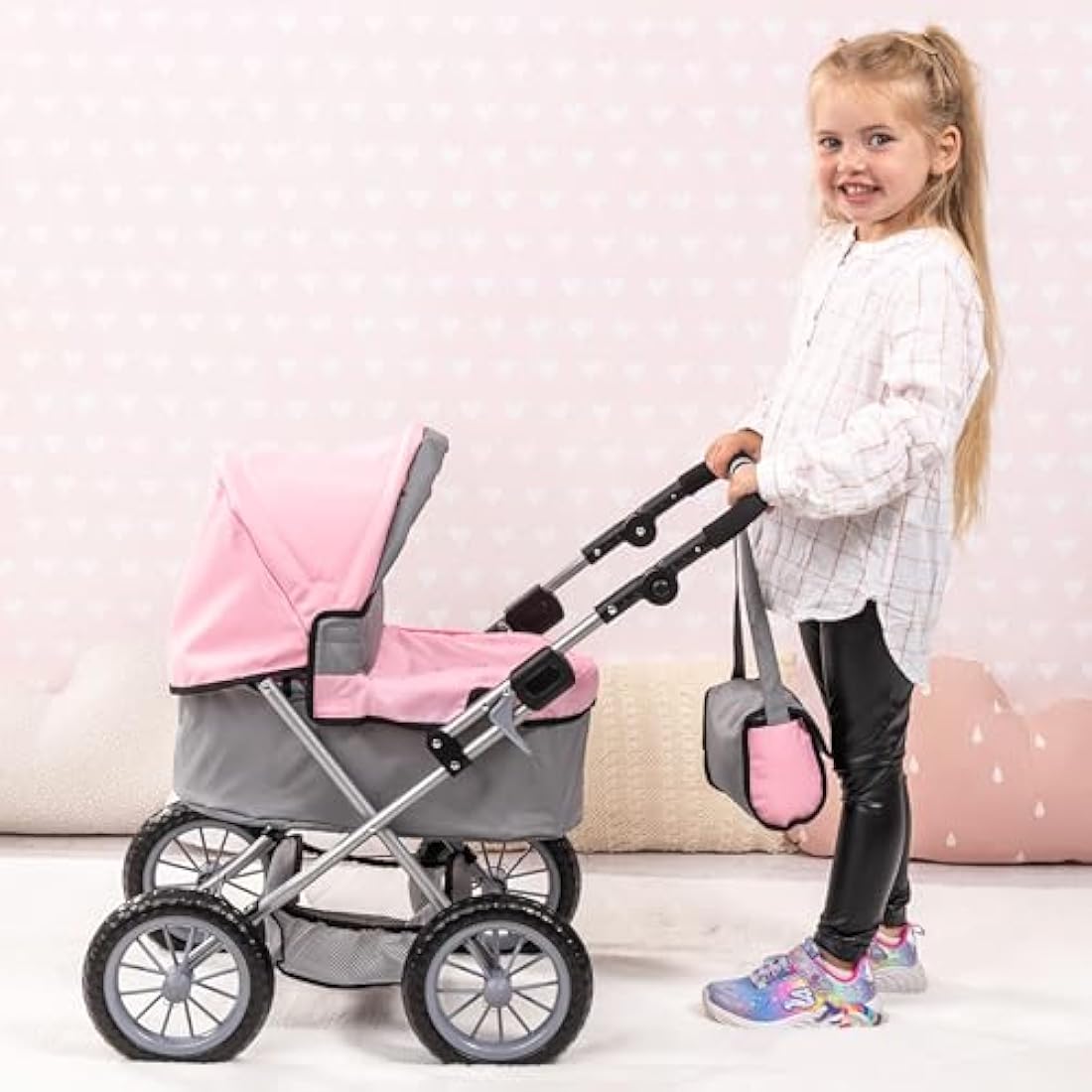 Bayer Design 13008AA Dolls Pram Trendy, stroller, foldable, height-adjustable handle, bag, grey-pink with fairy