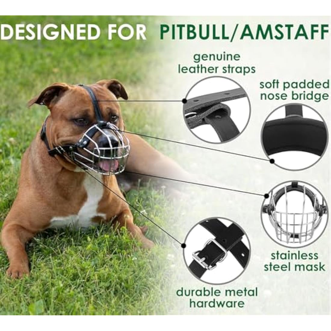 BRONZEDOG Pitbull Dog Muzzle Metal Mask Amstaff Wire Basket Pit Bull Adjustable Leather Straps for Large Dogs (Pink)