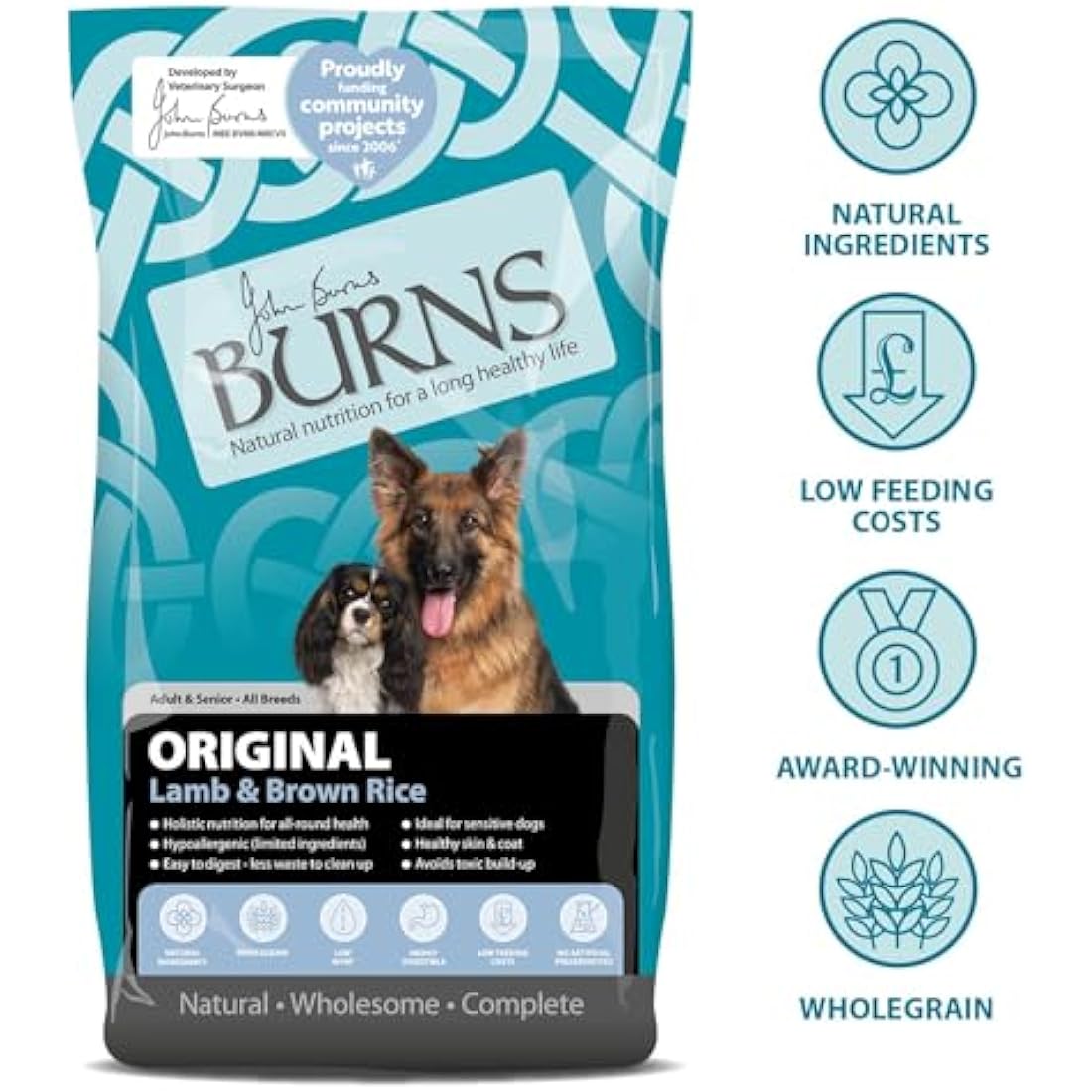 Burns Pet Nutrition Hypoallergenic Complete Dry Dog Food Adult and Senior Dog Original Lamb and Brown Rice 12 kg